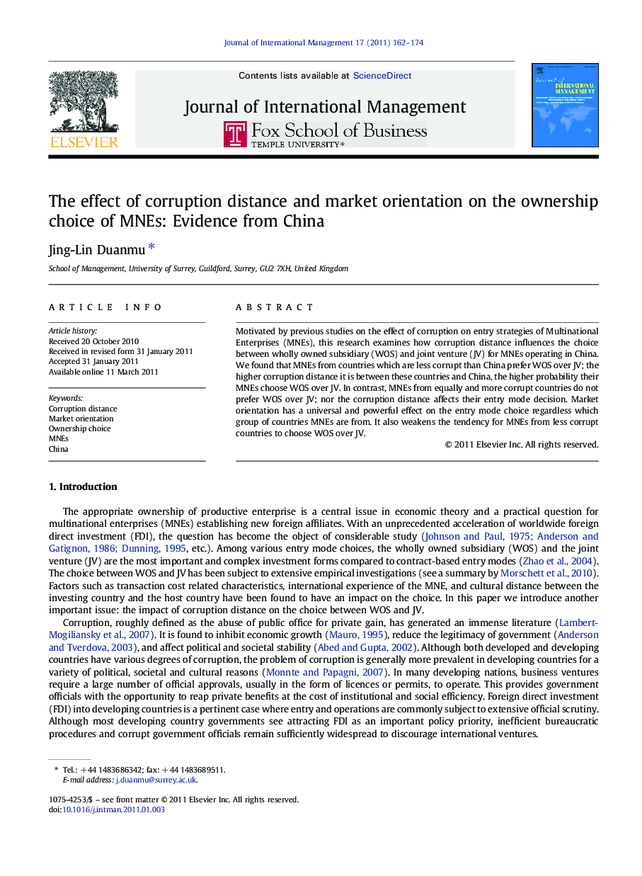 The effect of corruption distance and market orientation on the ownership choice of MNEs: Evidence from China