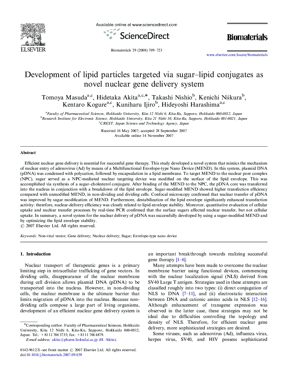 Development of lipid particles targeted via sugar–lipid conjugates as novel nuclear gene delivery system