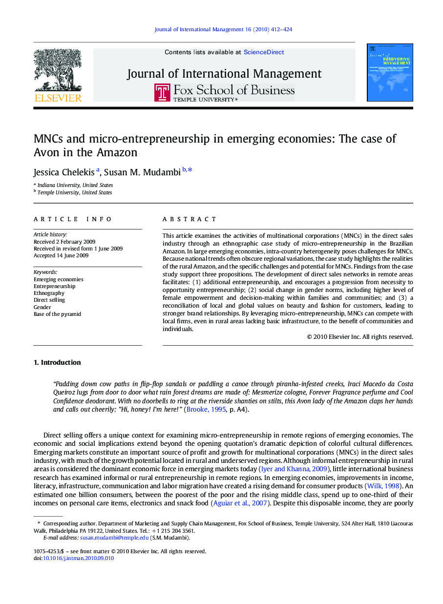 MNCs and micro-entrepreneurship in emerging economies: The case of Avon in the Amazon