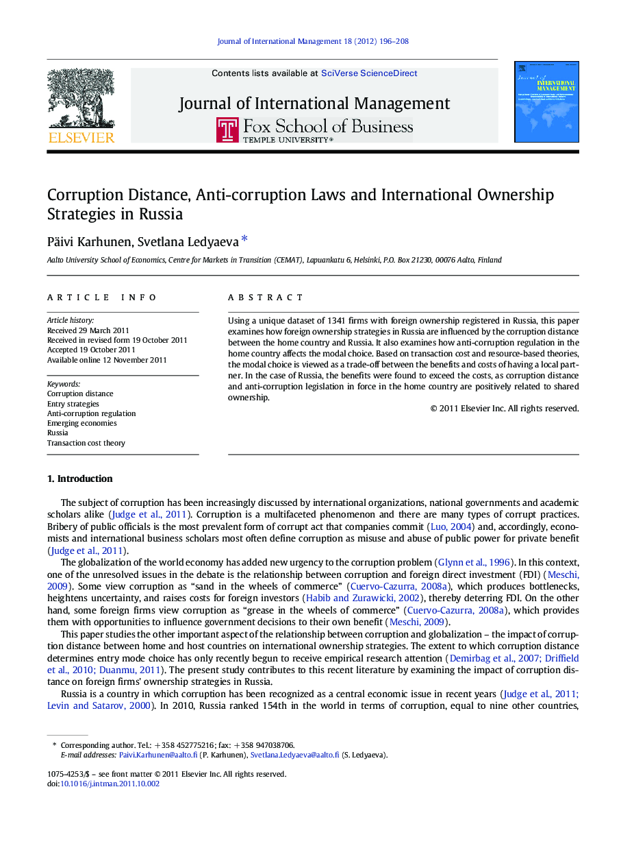 Corruption Distance, Anti-corruption Laws and International Ownership Strategies in Russia