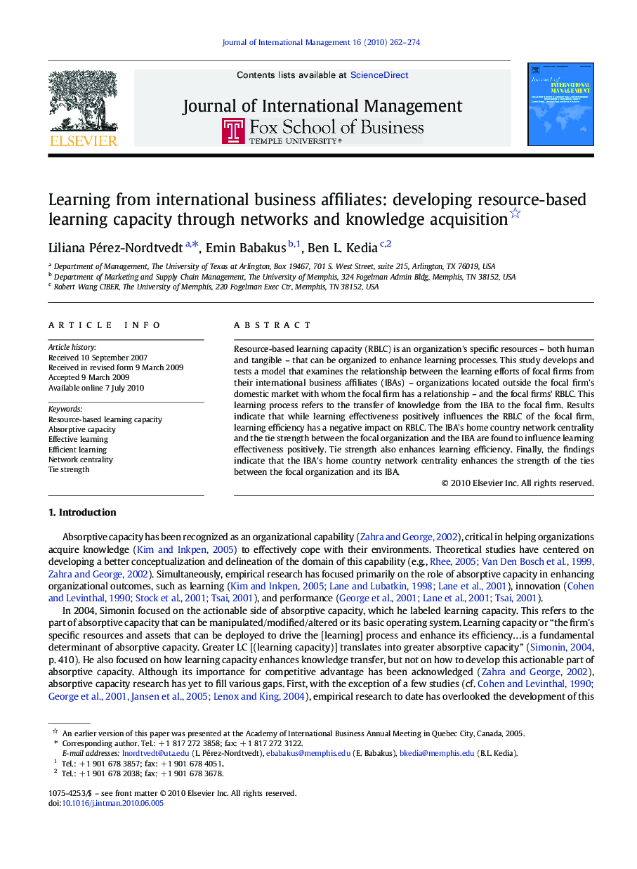 Learning from international business affiliates: developing resource-based learning capacity through networks and knowledge acquisition 