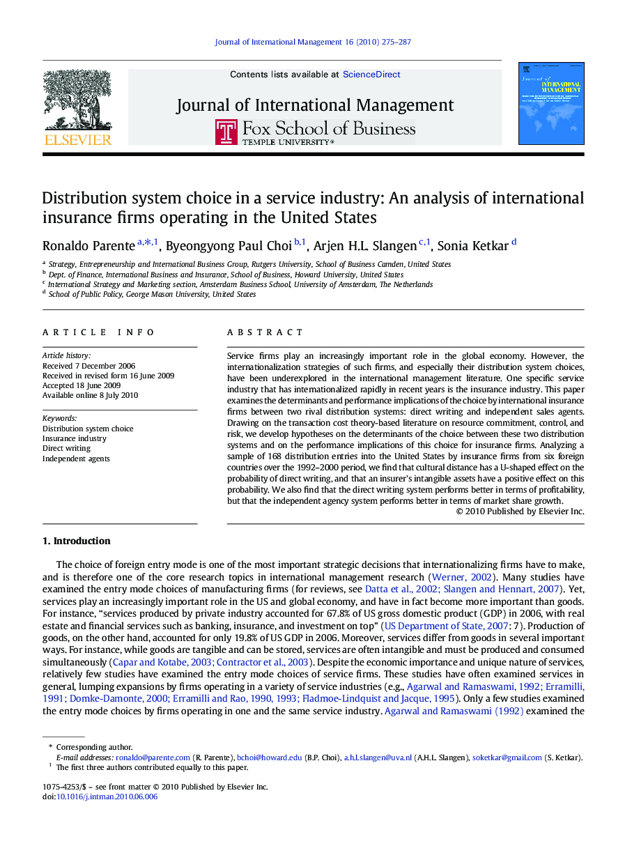 Distribution system choice in a service industry: An analysis of international insurance firms operating in the United States