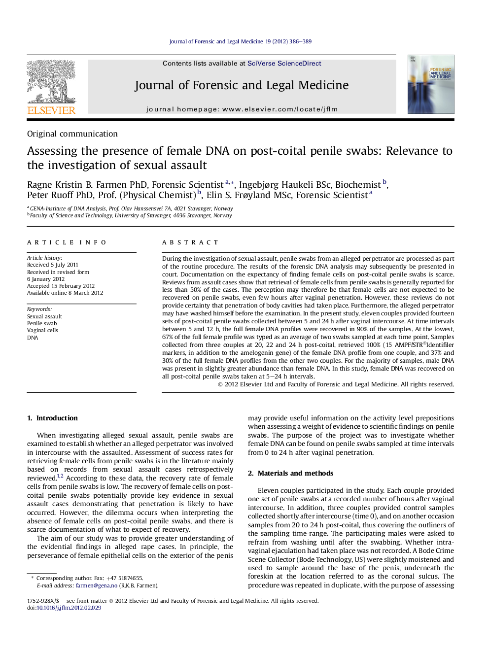 Assessing the presence of female DNA on post-coital penile swabs: Relevance to the investigation of sexual assault