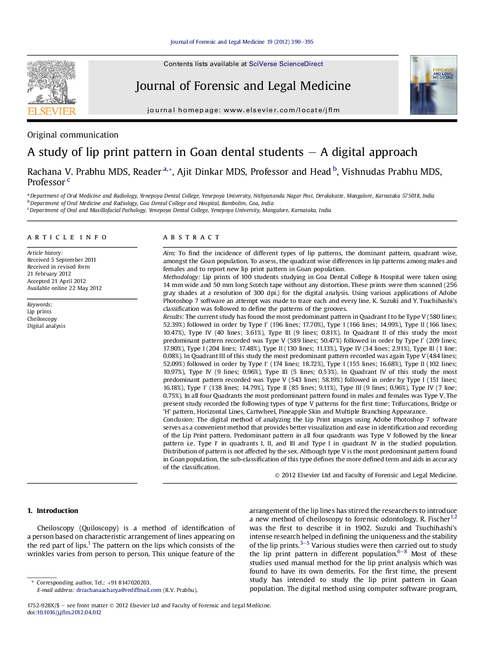 A study of lip print pattern in Goan dental students – A digital approach