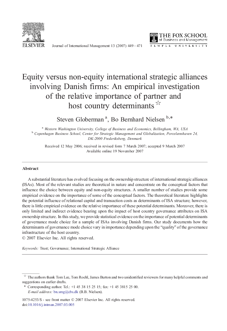 Equity versus non-equity international strategic alliances involving Danish firms: An empirical investigation of the relative importance of partner and host country determinants 