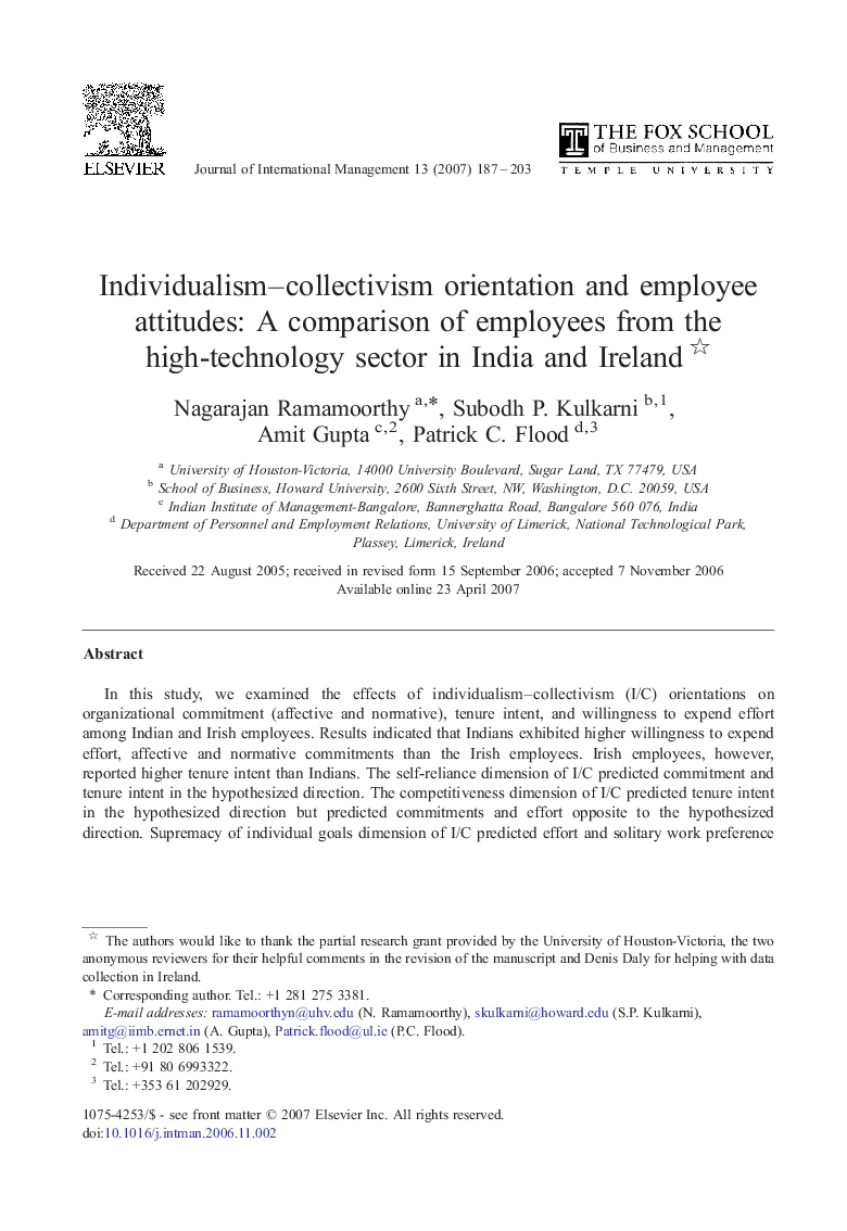 Individualism–collectivism orientation and employee attitudes: A comparison of employees from the high-technology sector in India and Ireland 