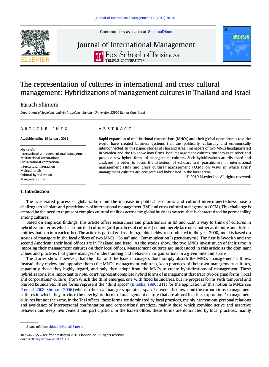 The representation of cultures in international and cross cultural management: Hybridizations of management cultures in Thailand and Israel