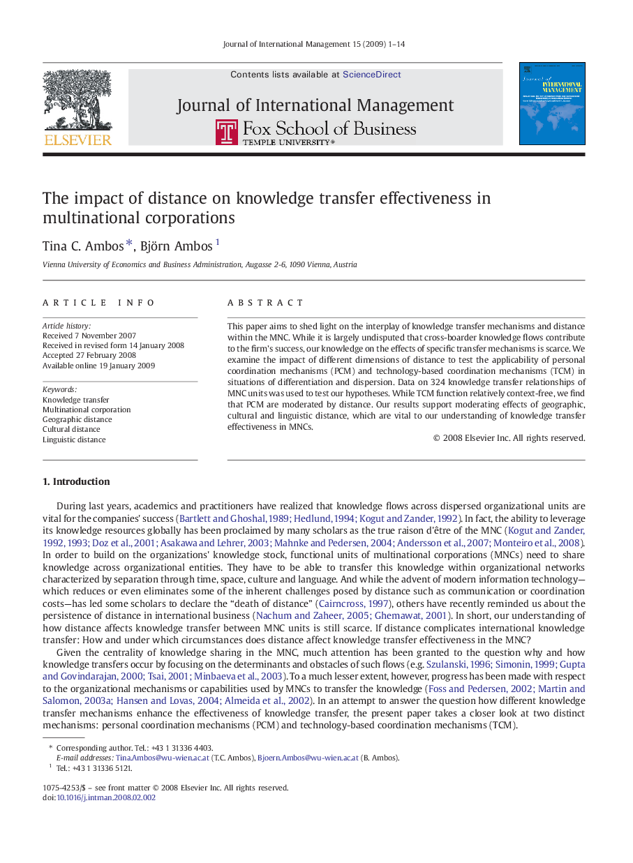 The impact of distance on knowledge transfer effectiveness in multinational corporations