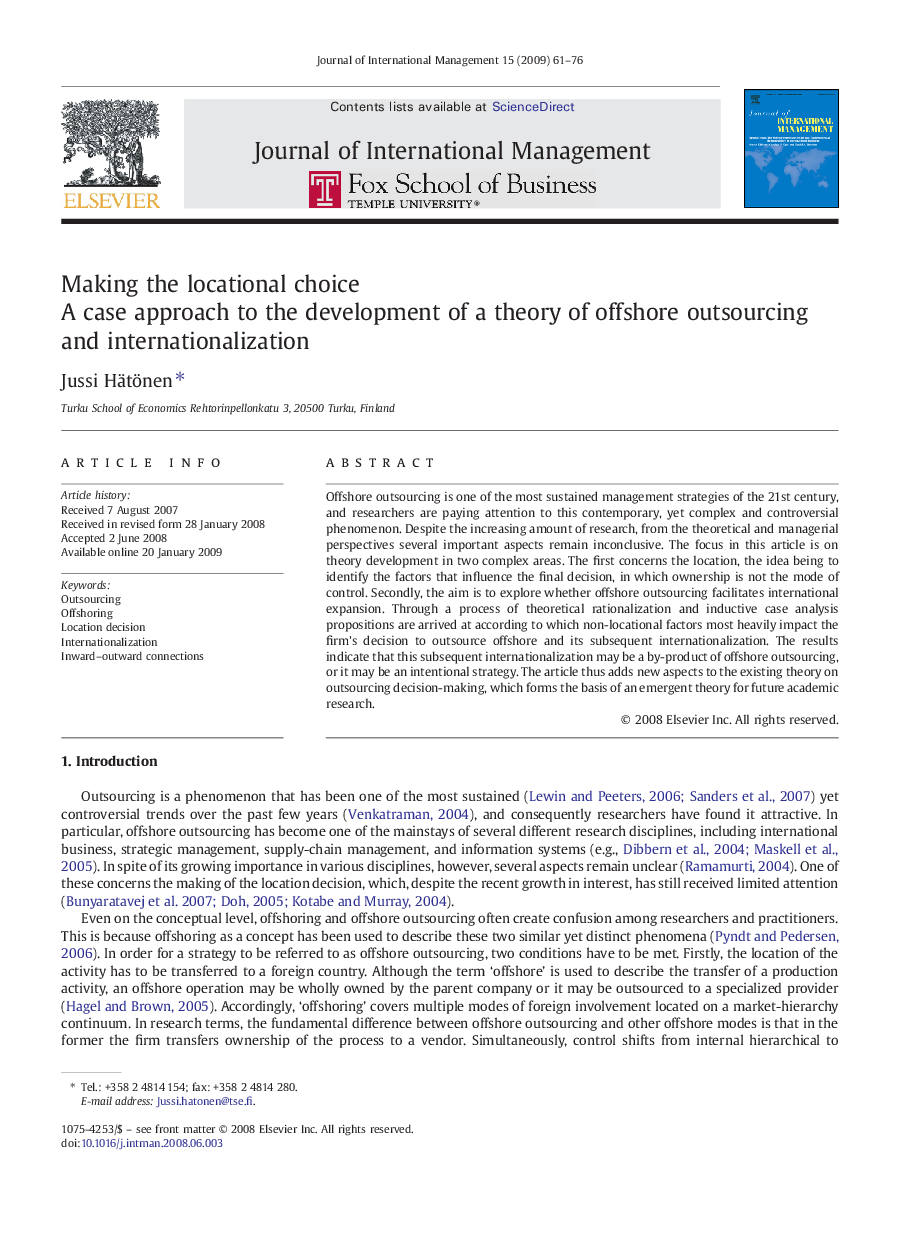 Making the locational choice: A case approach to the development of a theory of offshore outsourcing and internationalization