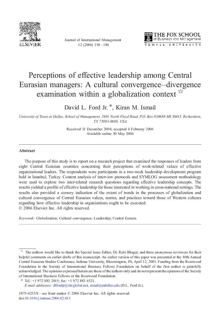 Perceptions of effective leadership among Central Eurasian managers: A cultural convergence–divergence examination within a globalization context 