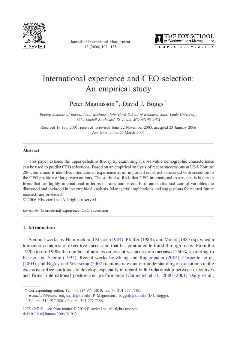 International experience and CEO selection: An empirical study
