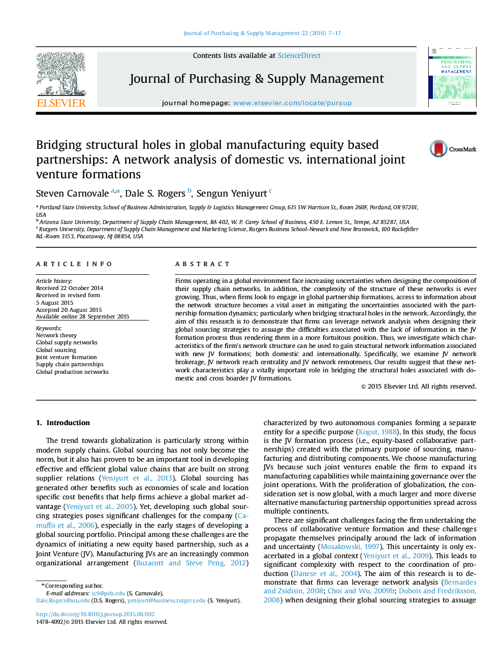 Bridging structural holes in global manufacturing equity based partnerships: A network analysis of domestic vs. international joint venture formations
