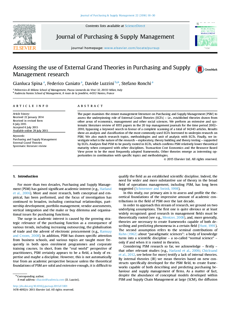 Assessing the use of External Grand Theories in Purchasing and Supply Management research