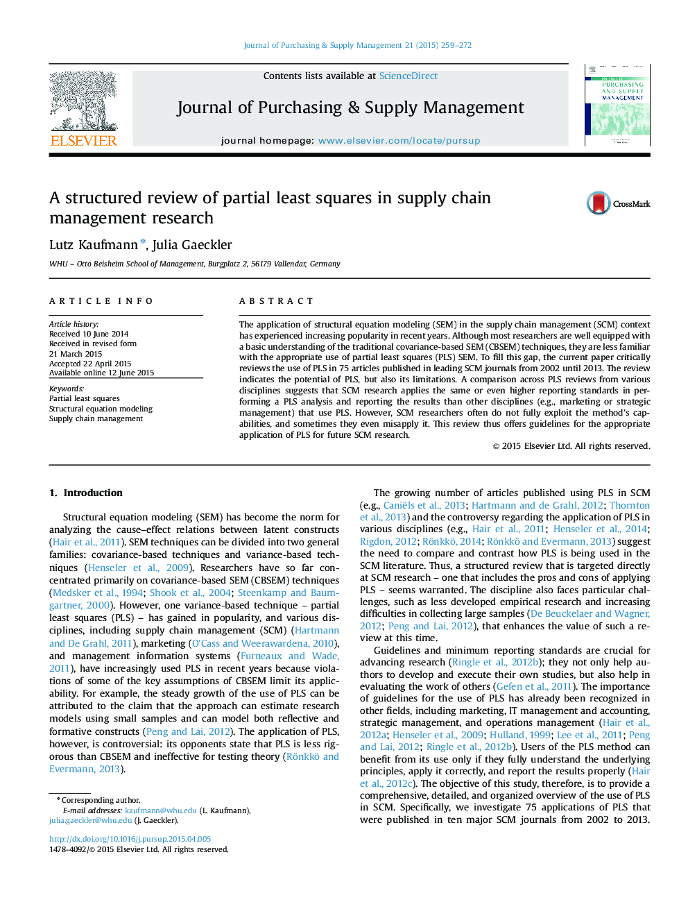 A structured review of partial least squares in supply chain management research