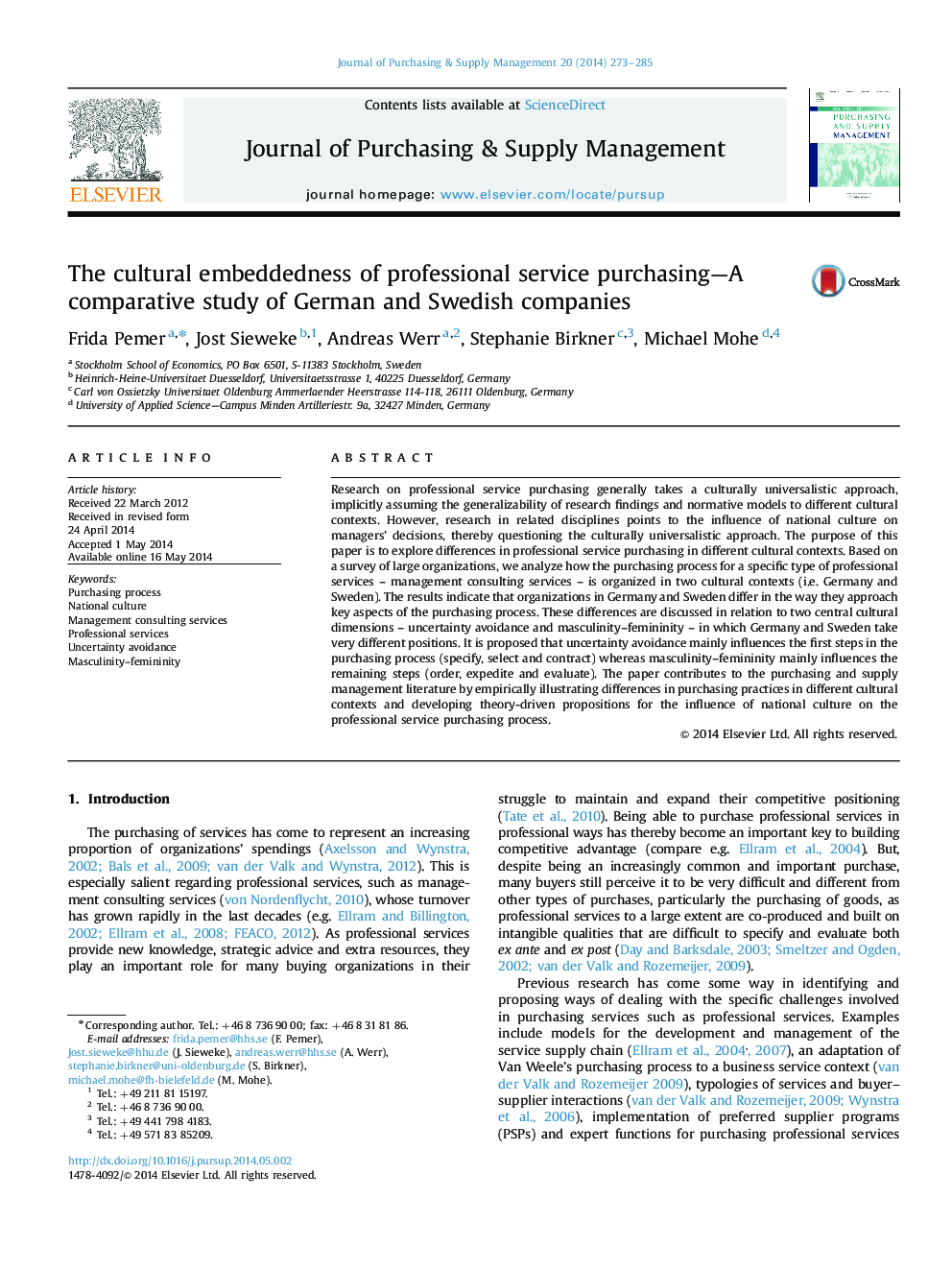 The cultural embeddedness of professional service purchasing—A comparative study of German and Swedish companies