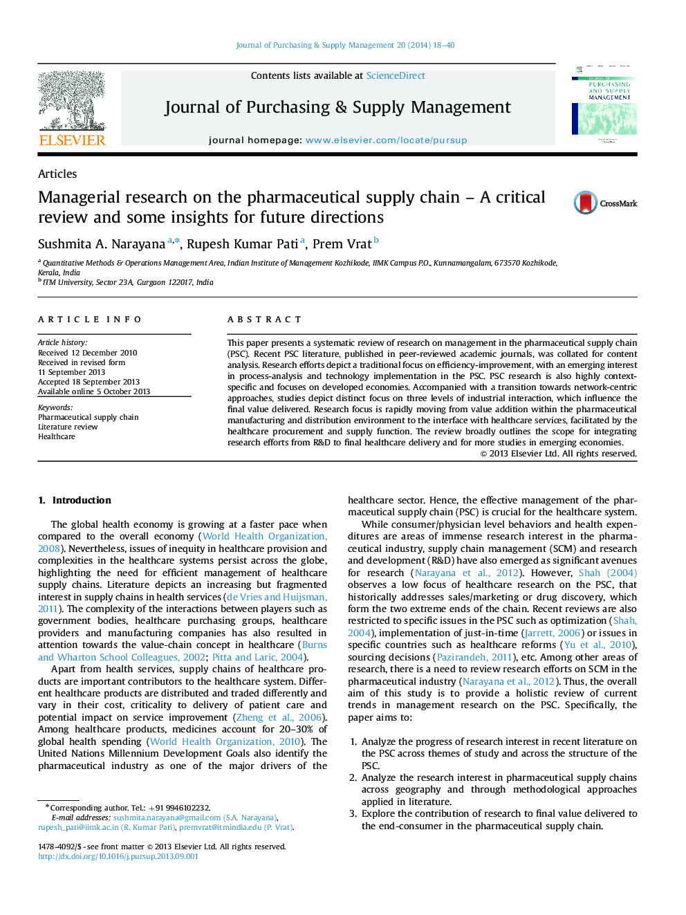 Managerial research on the pharmaceutical supply chain – A critical review and some insights for future directions