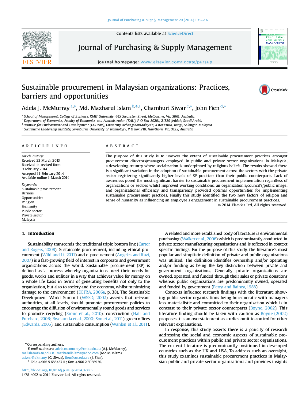 Sustainable procurement in Malaysian organizations: Practices, barriers and opportunities