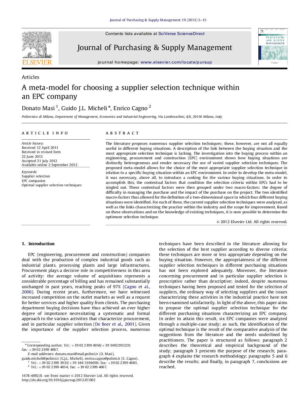 A meta-model for choosing a supplier selection technique within an EPC company