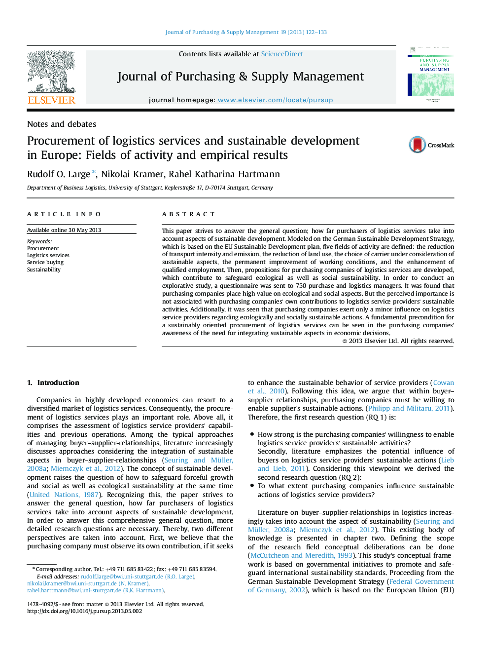 Procurement of logistics services and sustainable development in Europe: Fields of activity and empirical results