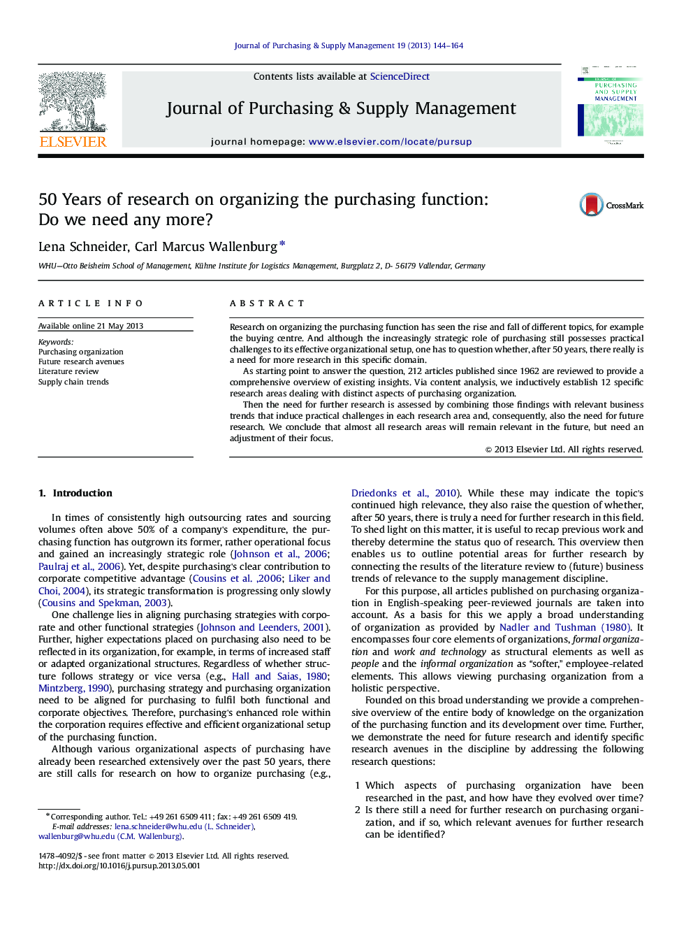 50 Years of research on organizing the purchasing function: Do we need any more?