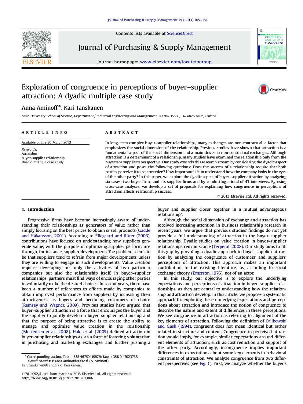 Exploration of congruence in perceptions of buyer–supplier attraction: A dyadic multiple case study