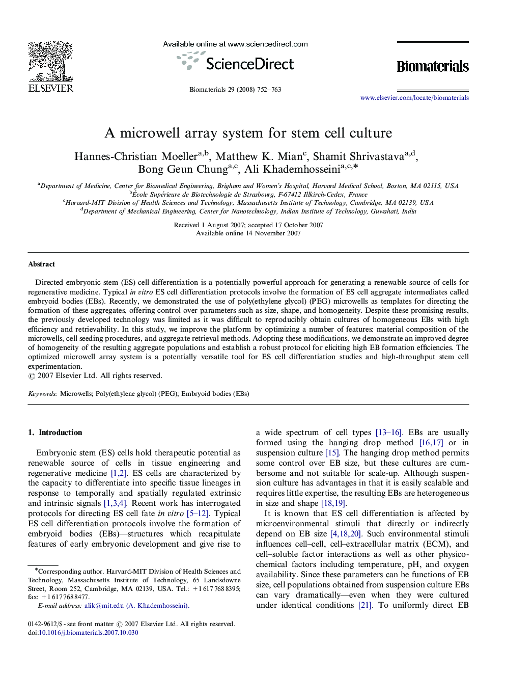 A microwell array system for stem cell culture