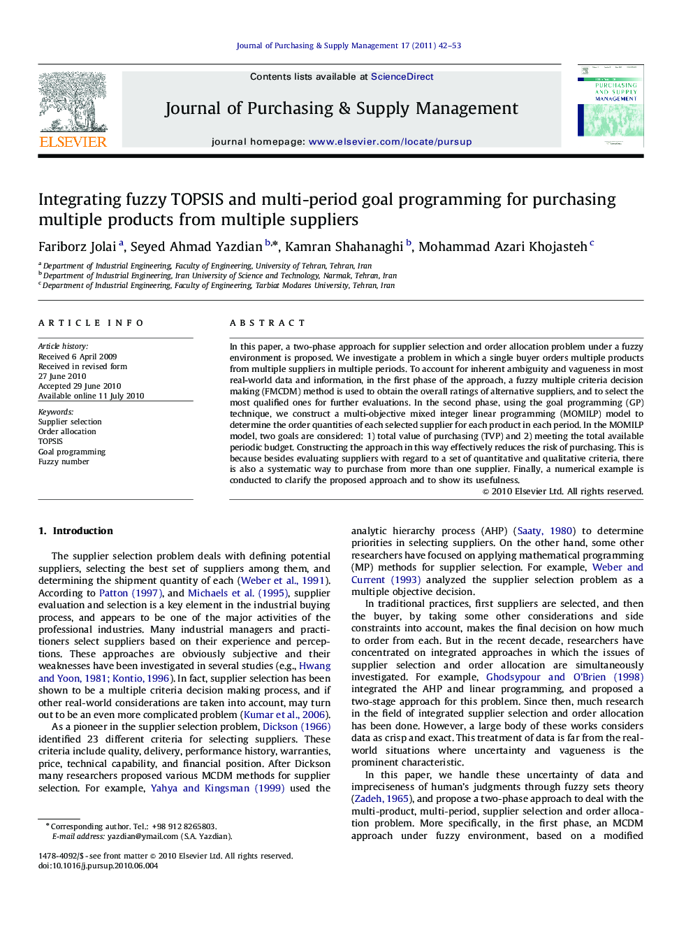 Integrating fuzzy TOPSIS and multi-period goal programming for purchasing multiple products from multiple suppliers