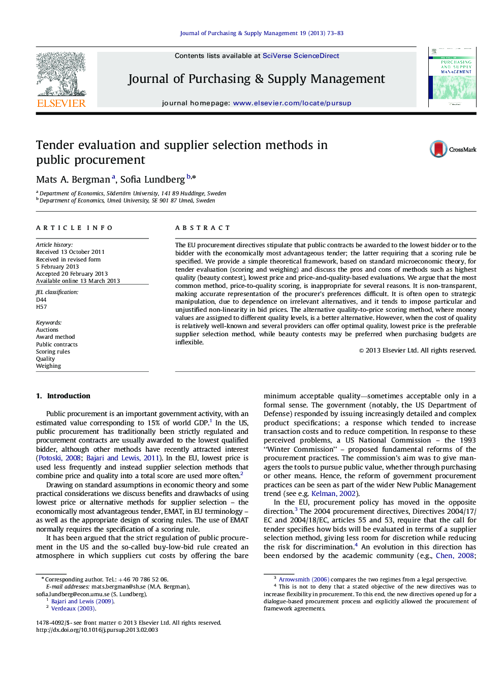 Tender evaluation and supplier selection methods in public procurement