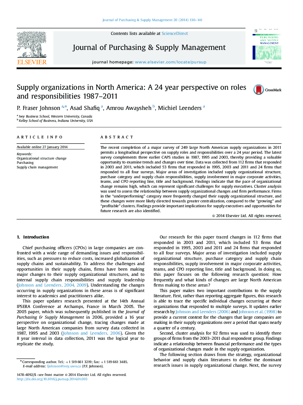 Supply organizations in North America: A 24 year perspective on roles and responsibilities 1987–2011