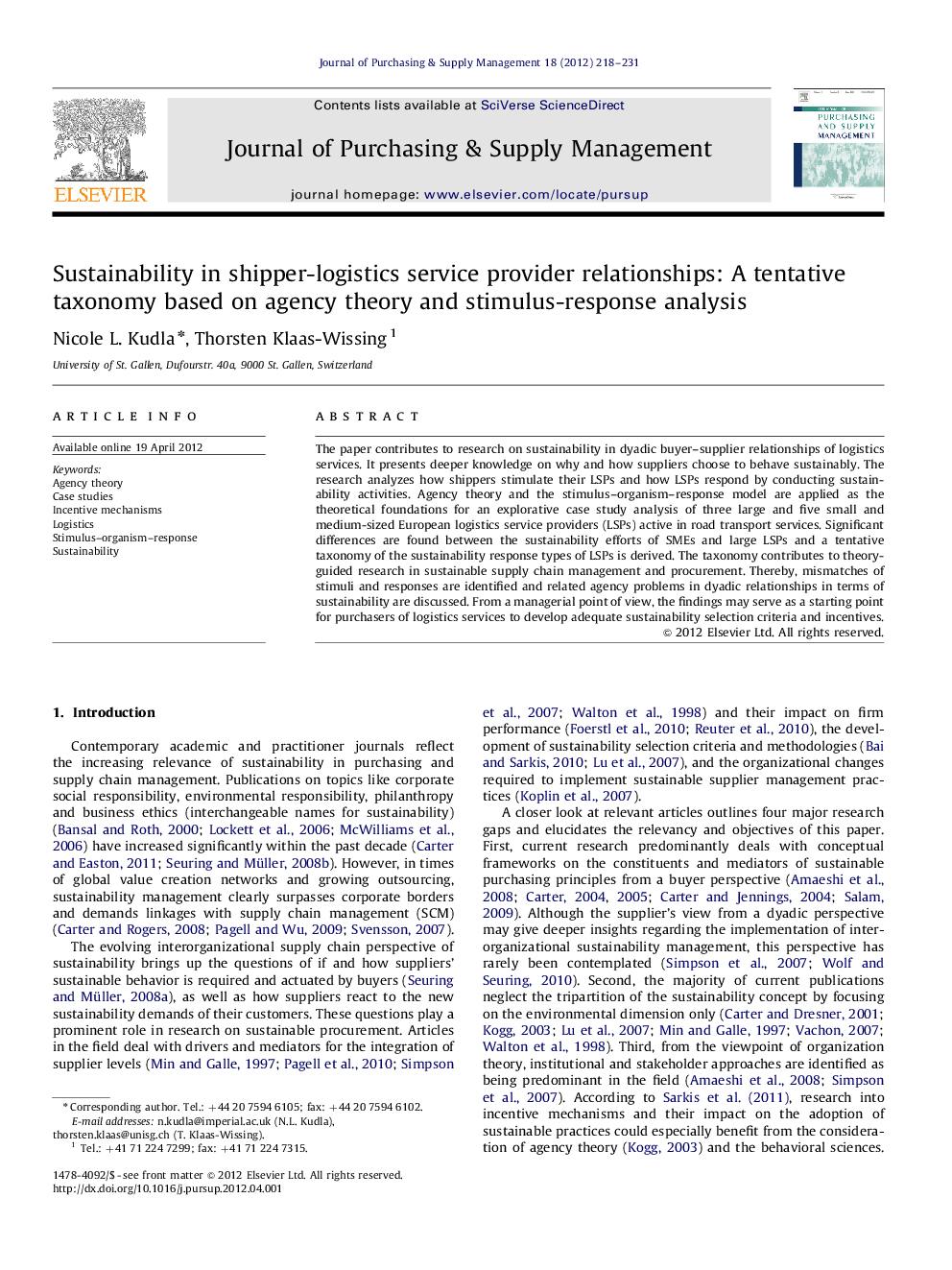 Sustainability in shipper-logistics service provider relationships: A tentative taxonomy based on agency theory and stimulus-response analysis