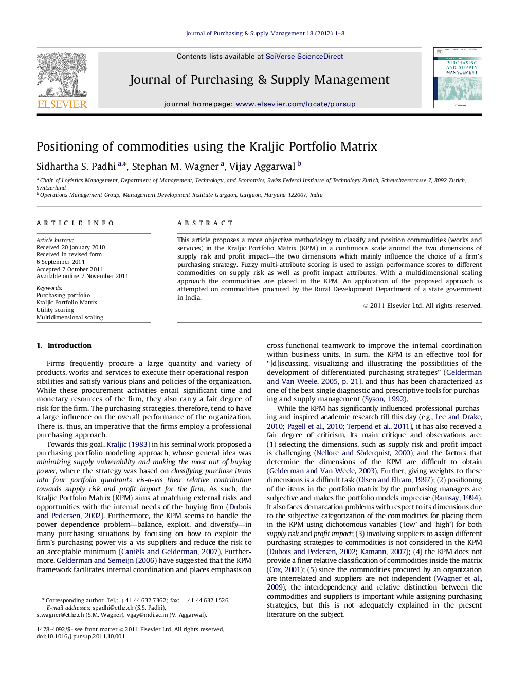 Positioning of commodities using the Kraljic Portfolio Matrix