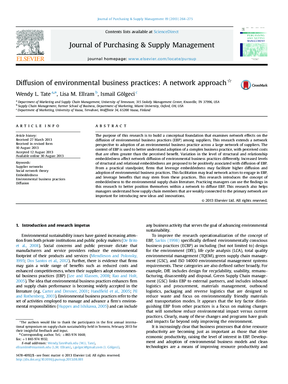 Diffusion of environmental business practices: A network approach 