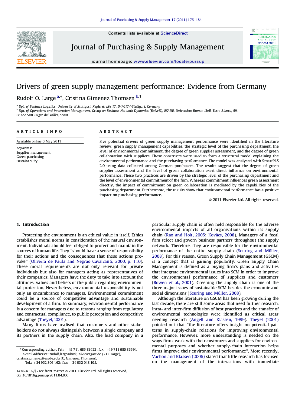 Drivers of green supply management performance: Evidence from Germany