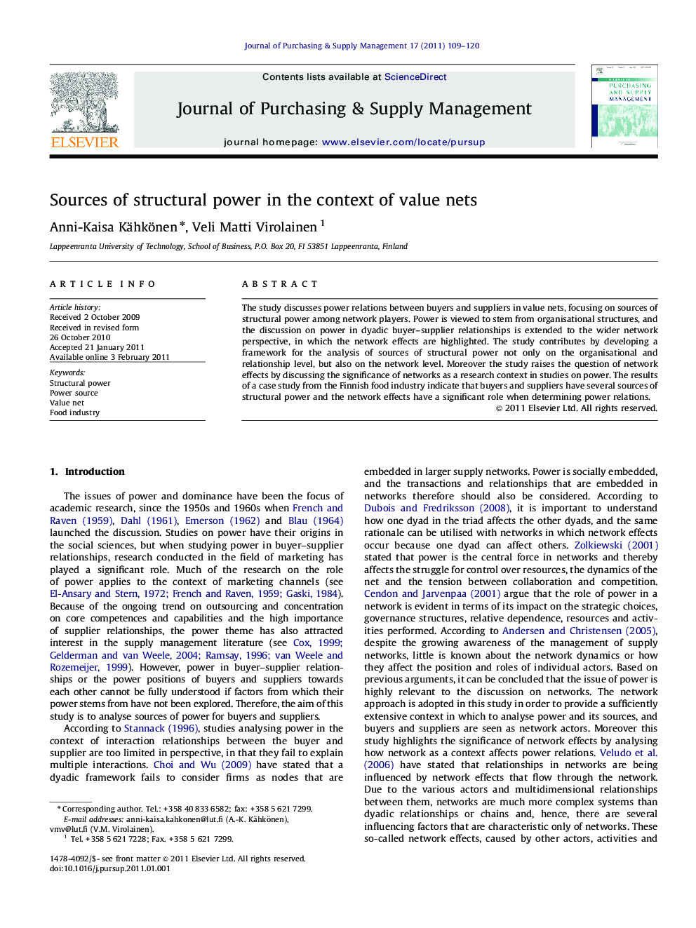 Sources of structural power in the context of value nets