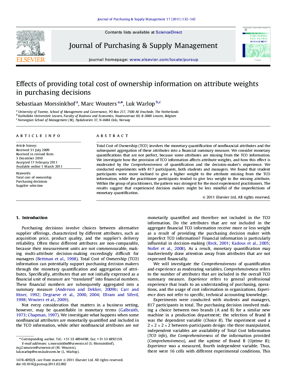 Effects of providing total cost of ownership information on attribute weights in purchasing decisions