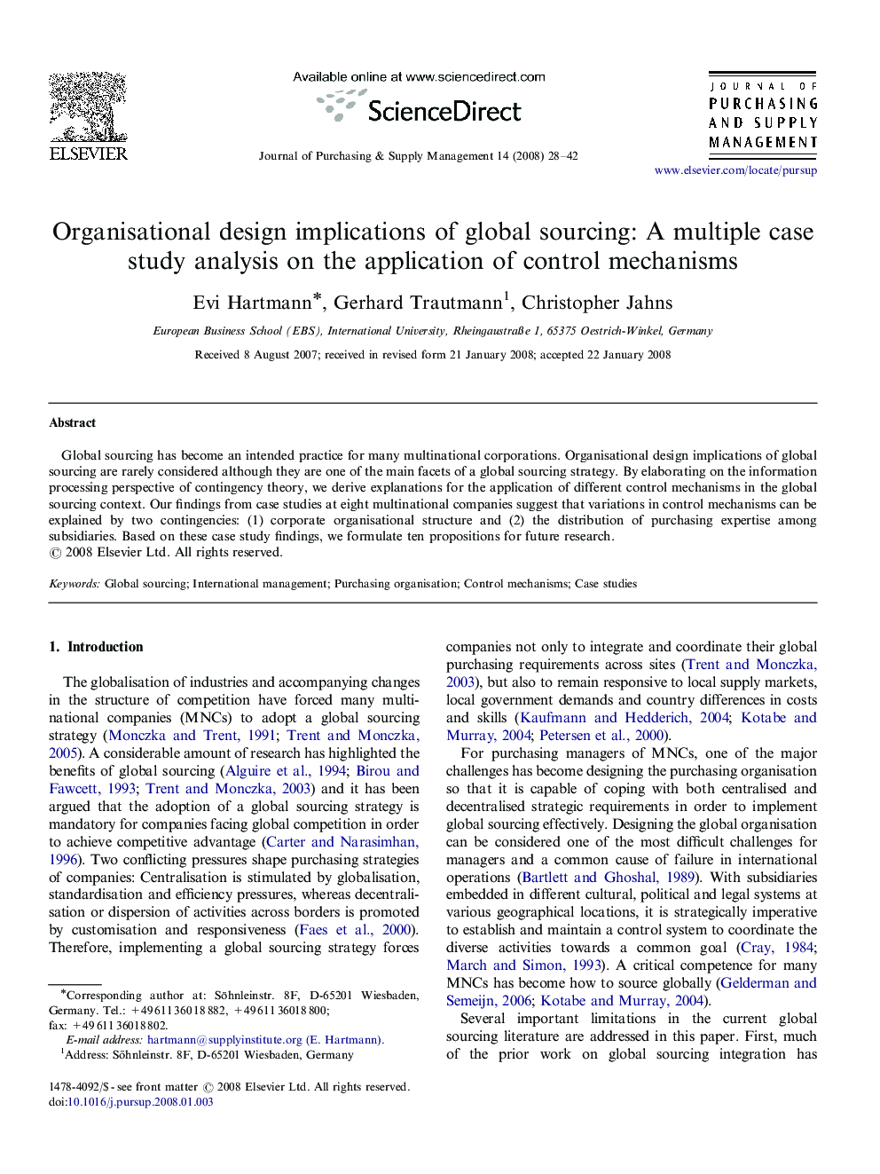 Organisational design implications of global sourcing: A multiple case study analysis on the application of control mechanisms