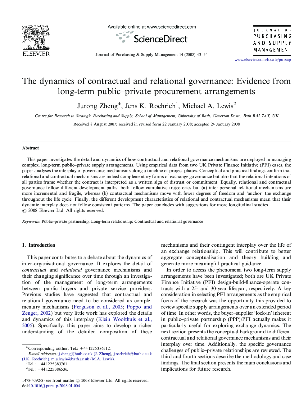 The dynamics of contractual and relational governance: Evidence from long-term public–private procurement arrangements