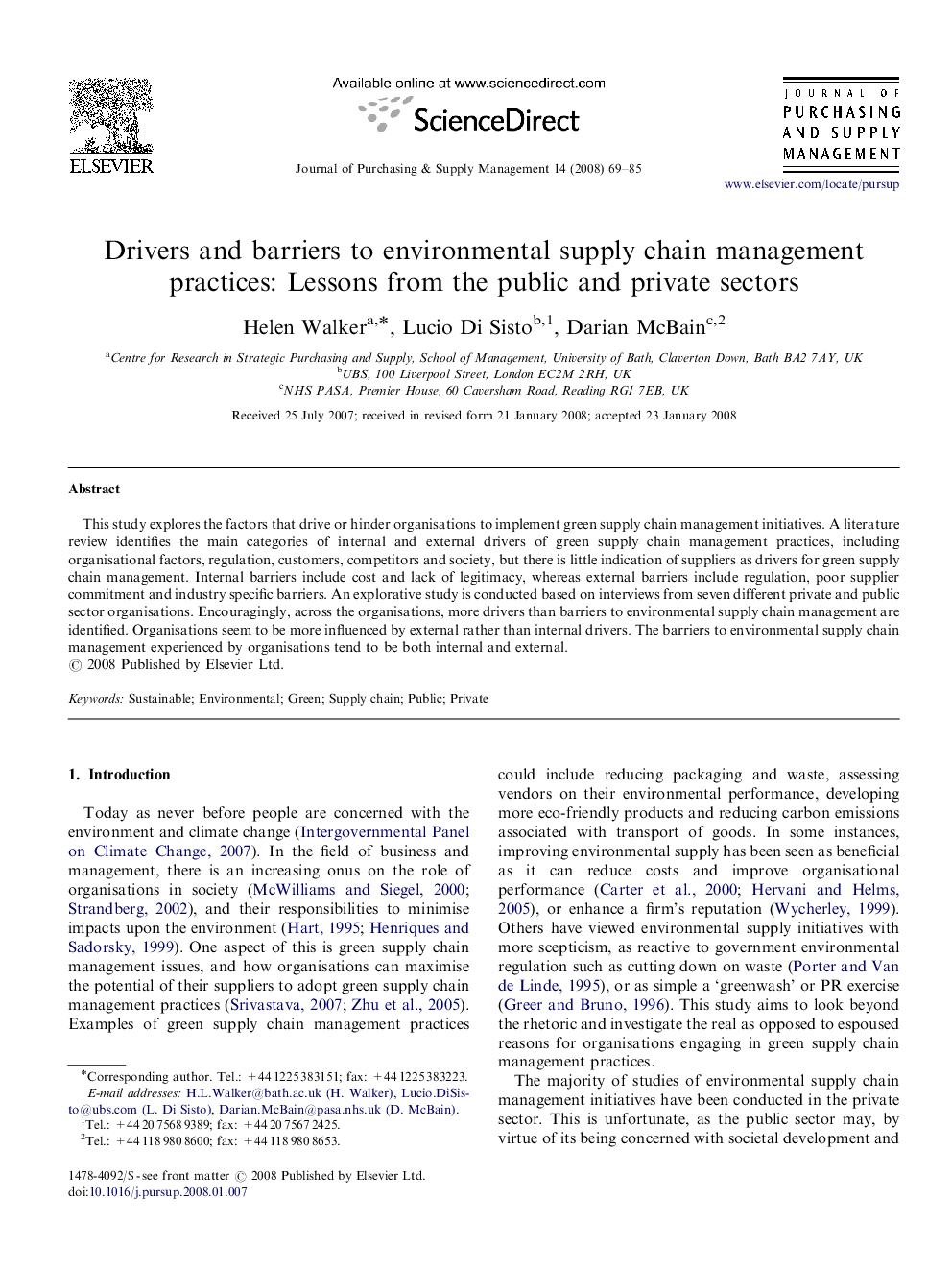 Drivers and barriers to environmental supply chain management practices: Lessons from the public and private sectors