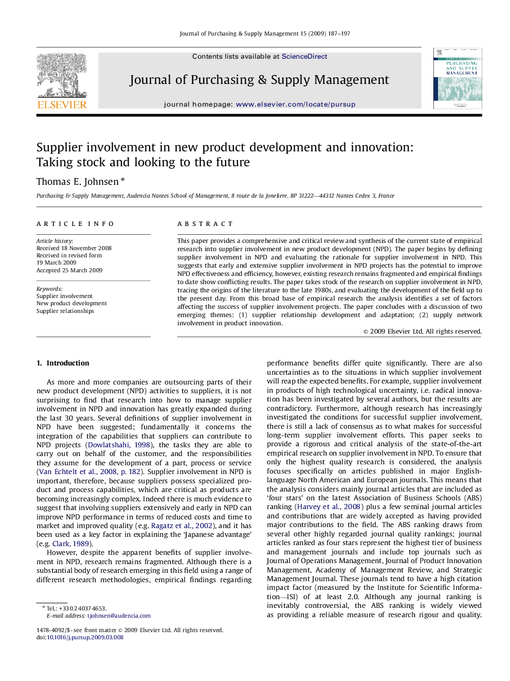 Supplier involvement in new product development and innovation: Taking stock and looking to the future