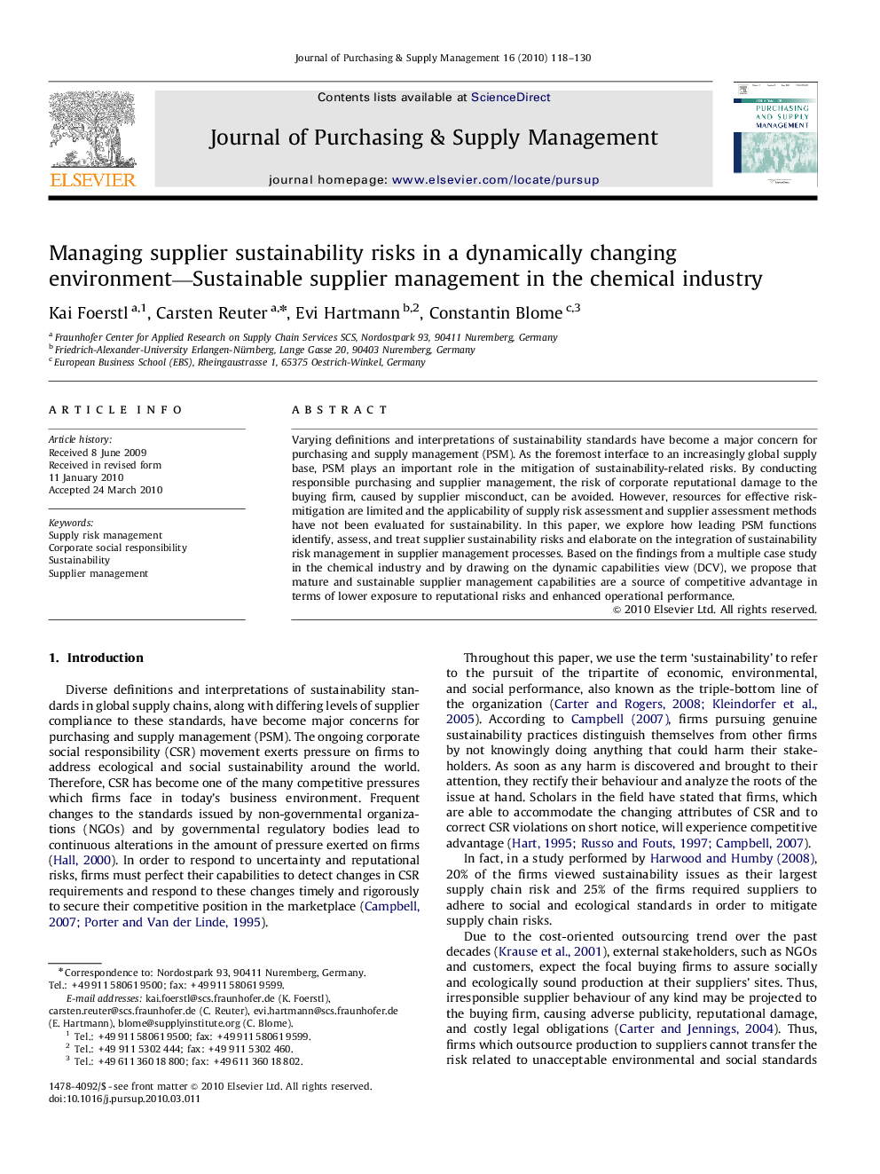 Managing supplier sustainability risks in a dynamically changing environment—Sustainable supplier management in the chemical industry