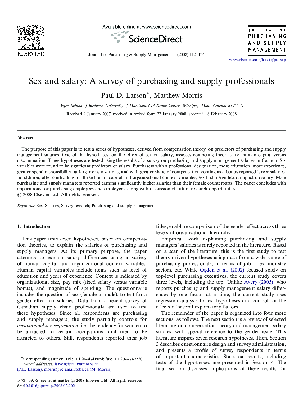 Sex and salary: A survey of purchasing and supply professionals