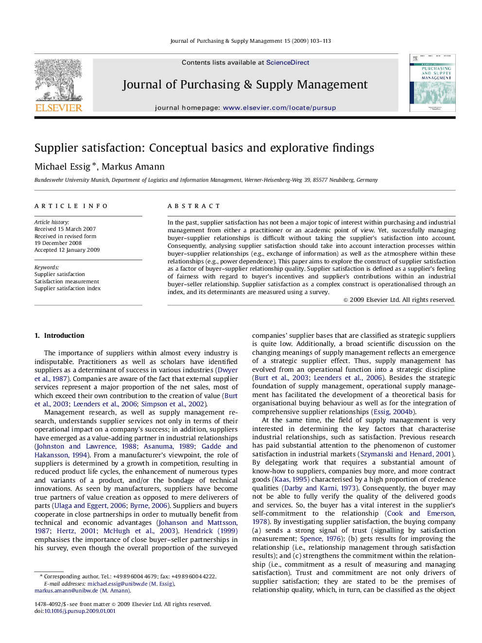 Supplier satisfaction: Conceptual basics and explorative findings