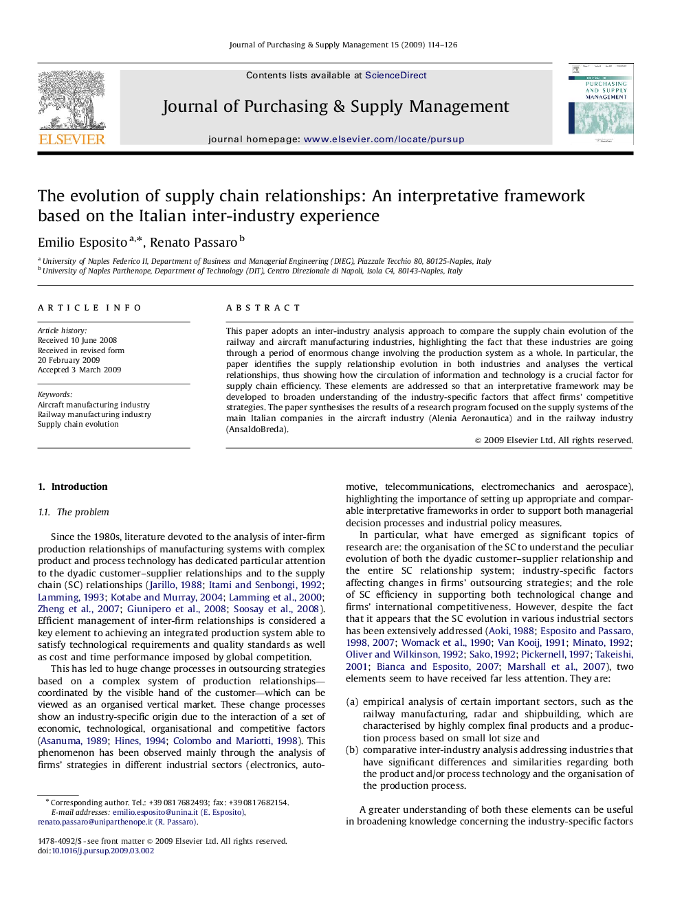 The evolution of supply chain relationships: An interpretative framework based on the Italian inter-industry experience