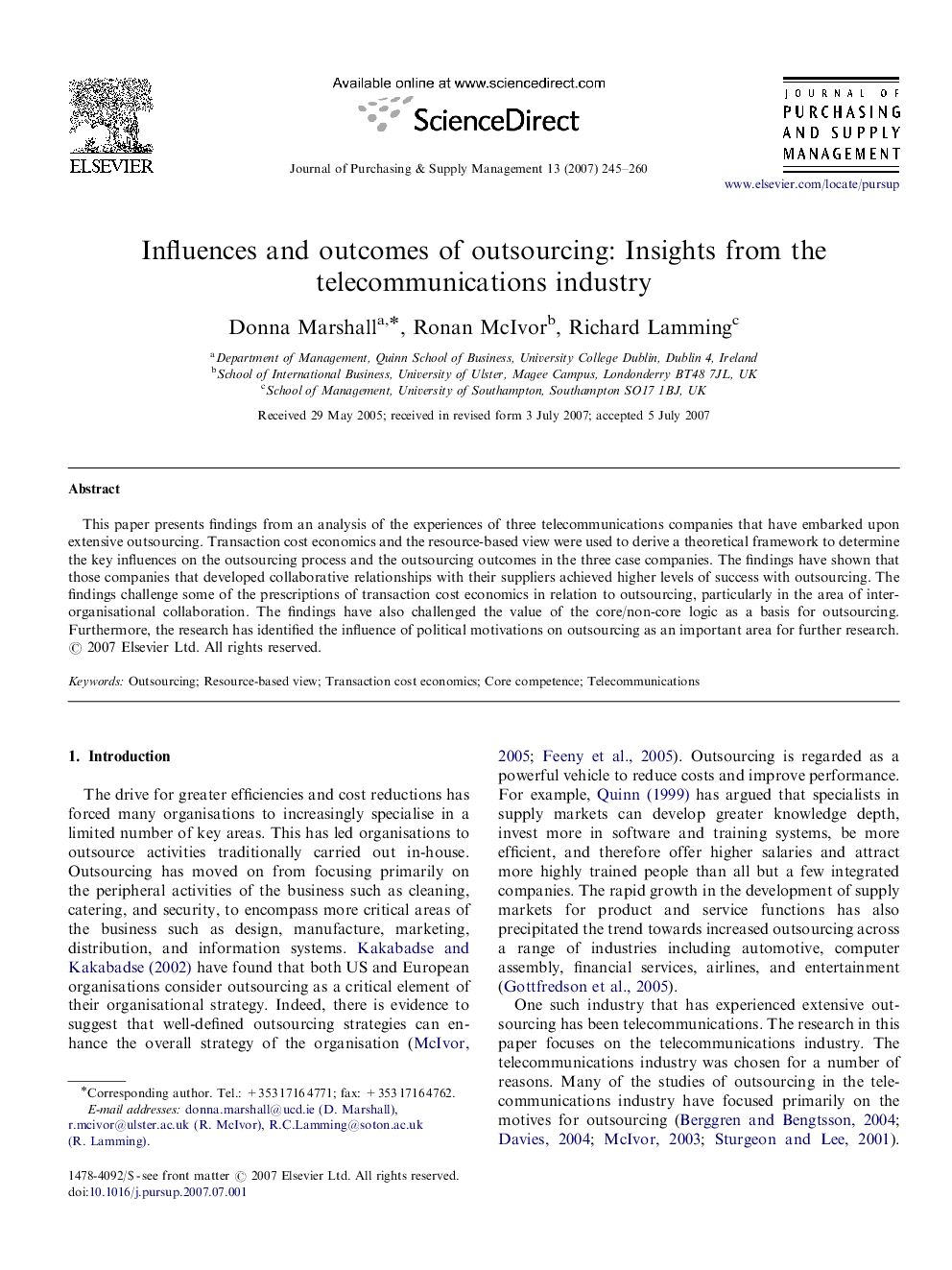 Influences and outcomes of outsourcing: Insights from the telecommunications industry