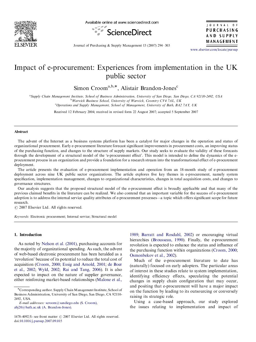 Impact of e-procurement: Experiences from implementation in the UK public sector