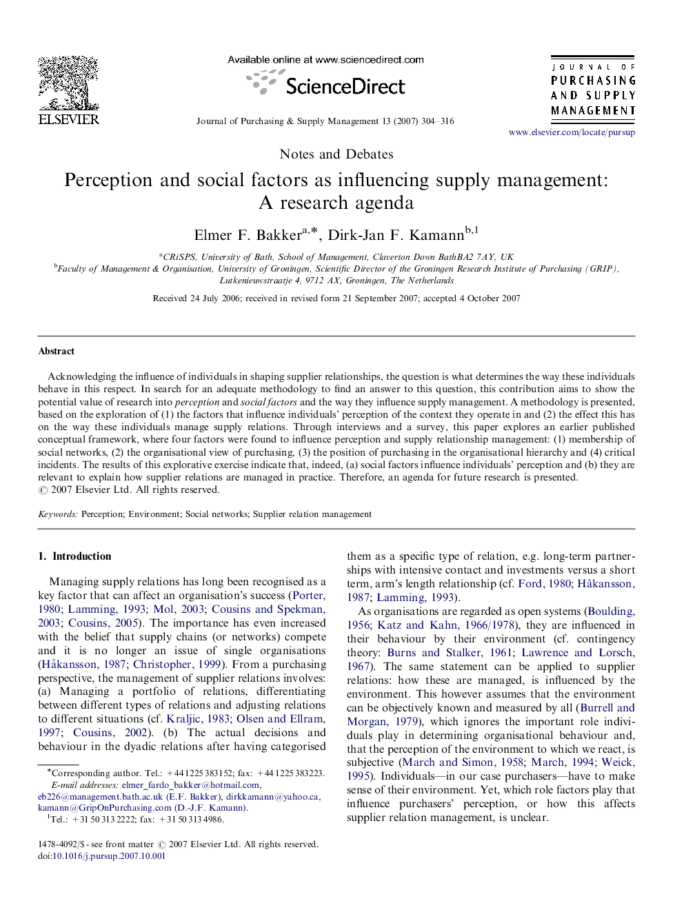 Perception and social factors as influencing supply management: A research agenda