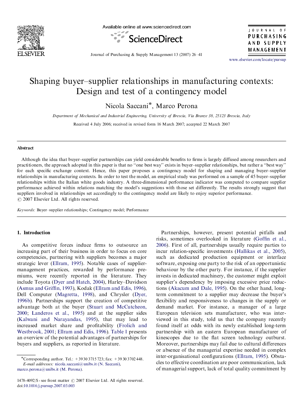 Shaping buyer–supplier relationships in manufacturing contexts: Design and test of a contingency model