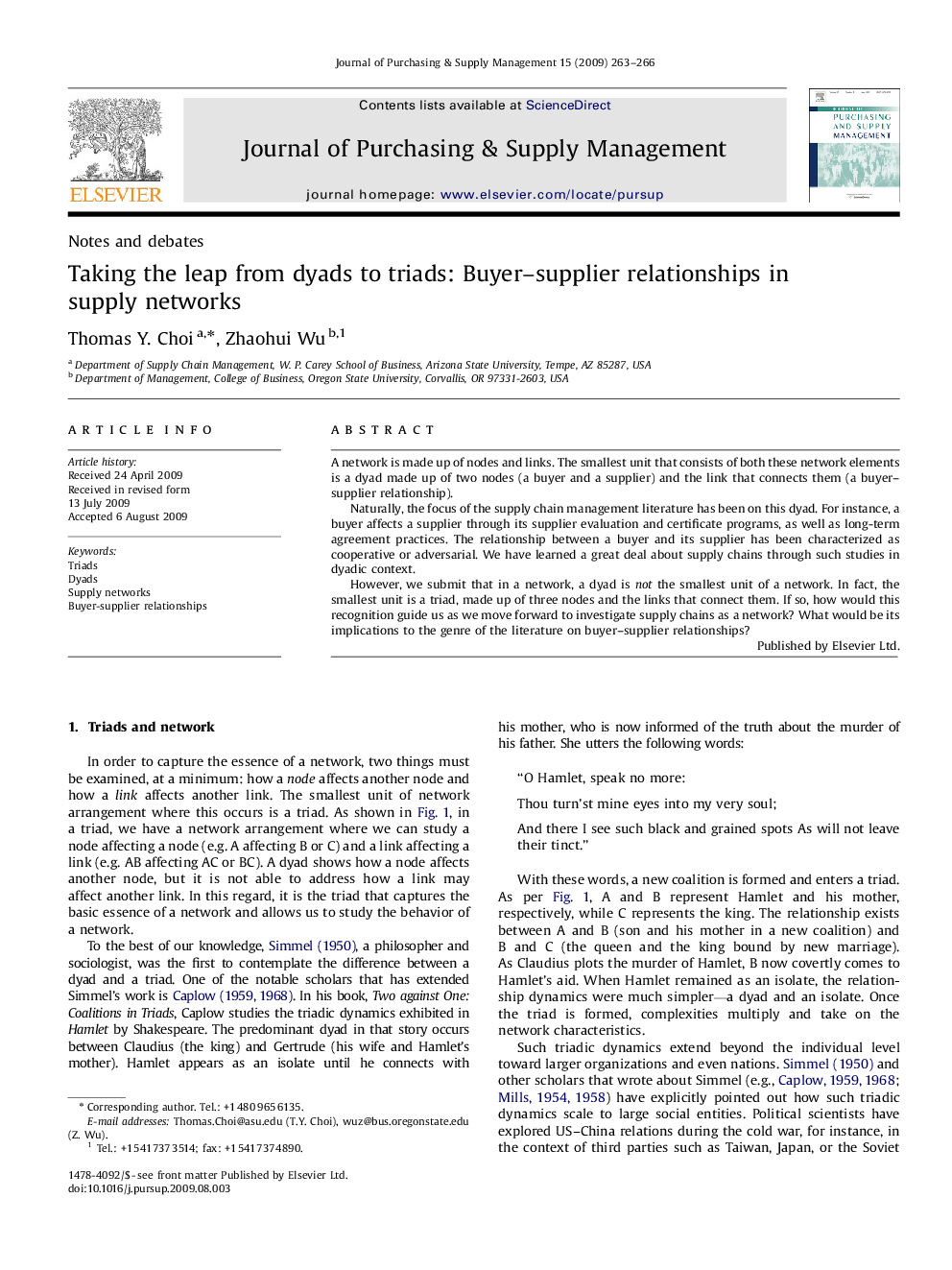 Taking the leap from dyads to triads: Buyer–supplier relationships in supply networks