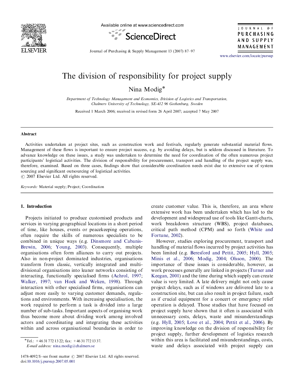 The division of responsibility for project supply