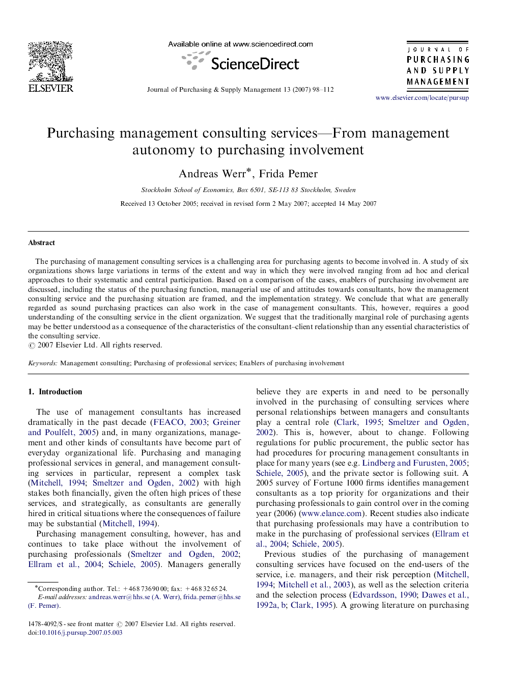 Purchasing management consulting services—From management autonomy to purchasing involvement